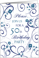50th Birthday Party Invitation, Blue Floral card