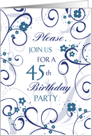 45th Birthday Party Invitation, Blue Floral card