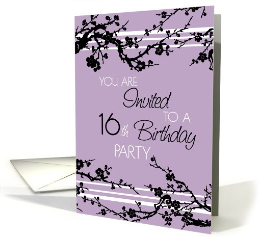16th Birthday Party Invitation Card  - Purple and Black Floral card