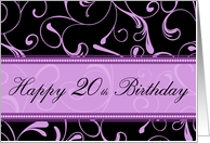 20th Happy Birthday Card - Purple and Black Swirls card
