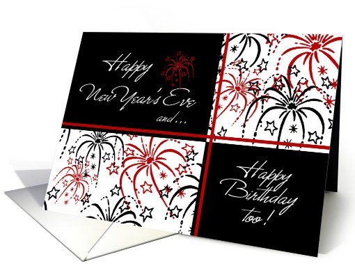 Happy New Year's Eve Birthday Card - Red Black & White Fireworks card