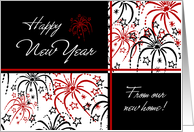 Happy New Year We’ve Moved Card - Red Black and White Fireworks card