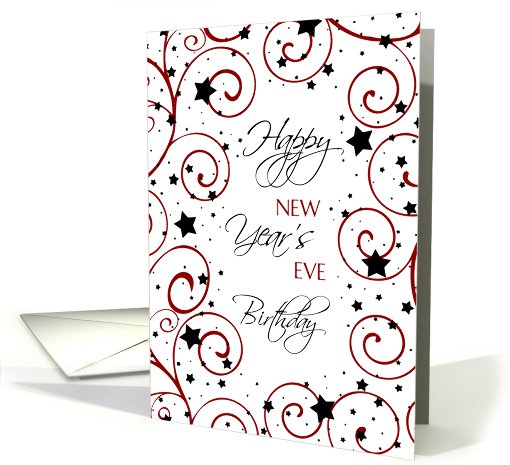 New Year's Eve Happy Birthday Card - Red, Black & White Stars card