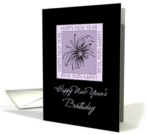 New Year's Happy Birthday Card - Black & Purple Fireworks card