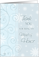 Winter Wedding Maid of Honor Thank You Card - Blue & White Snowflakes card