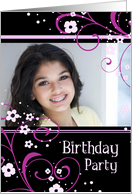 Birthday Party Photo Card - Black and Pink Floral card