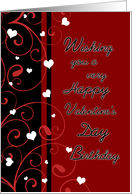 Happy Valentine’s Day Birthday - Red Hearts & Swirls card