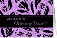 Matron of Honour Invitation for Sister - Purple & Black Floral card