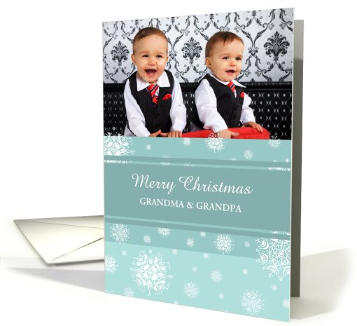 Merry Christmas Grandparents Photo Card - Teal White Snowflakes card