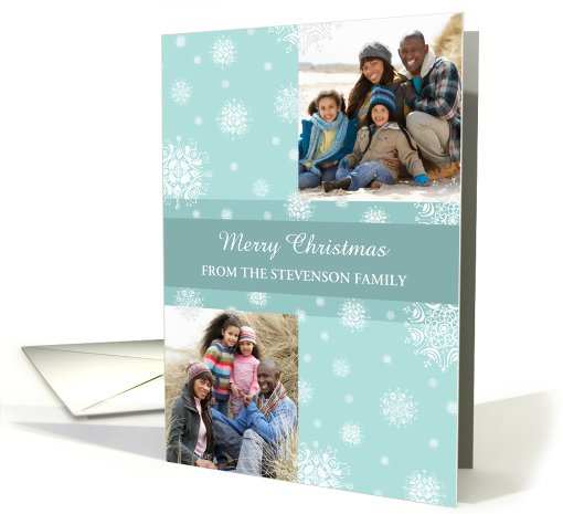 Merry Christmas Double Photo Card - Teal White Snowflakes card