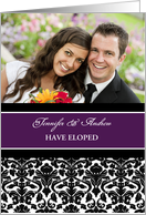 We have Eloped Photo Card - Purple Black Damask card