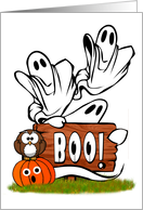 Cartoon Ghosts, Sign and Owl on Cute Pumpkin with BOO Text card