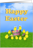 Happy Easter Basket with Colored Eggs And Baby Chicks card