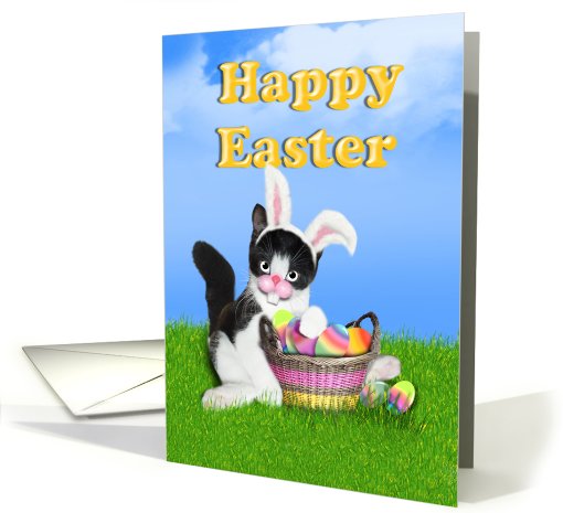 Happy Easter Basket,Colored Eggs And Kitten With Bunny Ears card