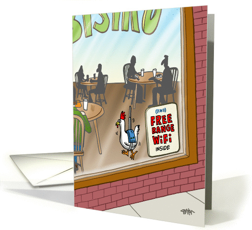 Chicken running around with router for free range WiFi- birthday card