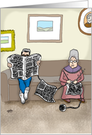 Old couple knitting relaxing on couch- Anniversary for grandparents card
