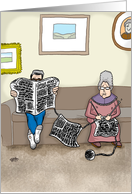 Old couple knitting relaxing on couch- anniversary for parents. card