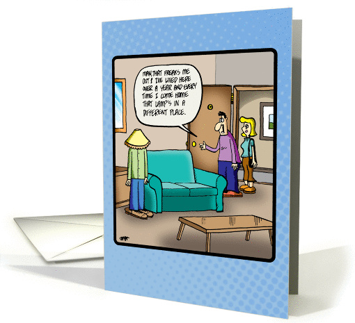 Funny cartoon birthday card- man lamp in apartment card (1316868)