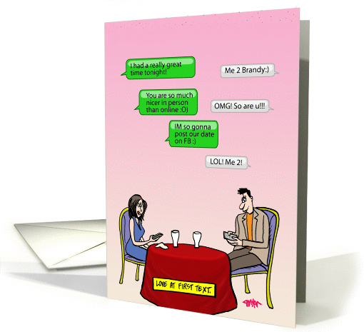 Humorous romantic card - couple texting each other on a date card