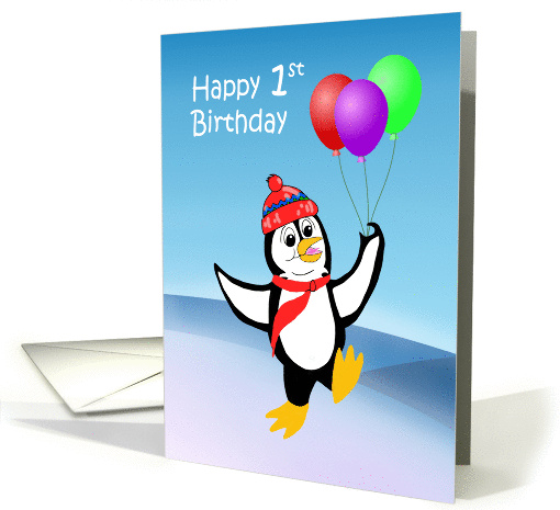 Child's First Birthday penguin dancing with balloons card (1164874)