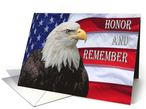 Military Honor and Remember Bald Eagle and flying American Flag card