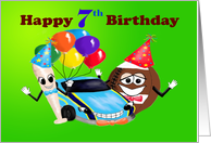 Happy 7th Birthday boy cartoon baseball bat car football with balloons card