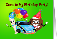 Come to my birthday Party invitation cartoon baseball bat car football card