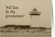 Will you be my Groomsman lighthouse on beach sepia look card