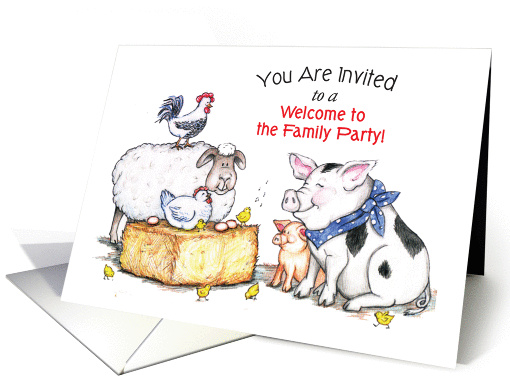 Invitation to Welcome to the Family Party, farm animals card (1030033)
