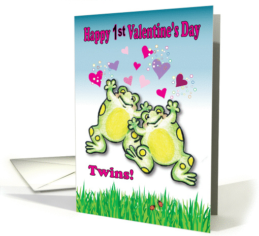 First Valentine's Day for Twins, frogs, hearts card (1215032)