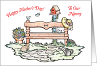 Mother’s Day to Nanny, garden bench, bird house card