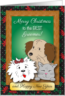 Merry Christmas to Groomer, animals, poinsettias card