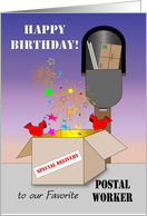 Postal Worker Birthday, mail box, open package, stars card