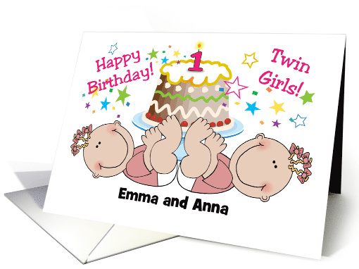 Custom Name Twin Girls' 1st Birthday, cake card (1384112)