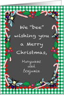 Custom Name Christmas, bee theme, candy canes card