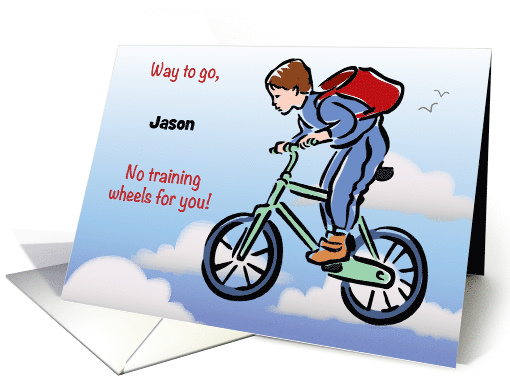 Custom Name Congrats, boy riding bike w/o training wheels card