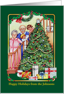 Custom Name Happy Holidays, family, decorated tree card