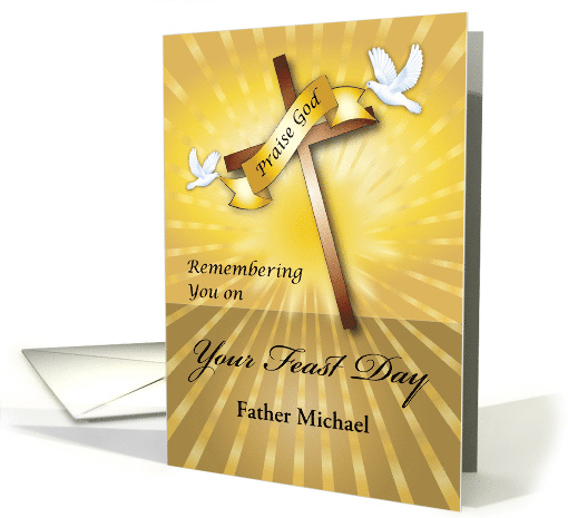 Custom Name Feast Day, cross, doves card (1398670)