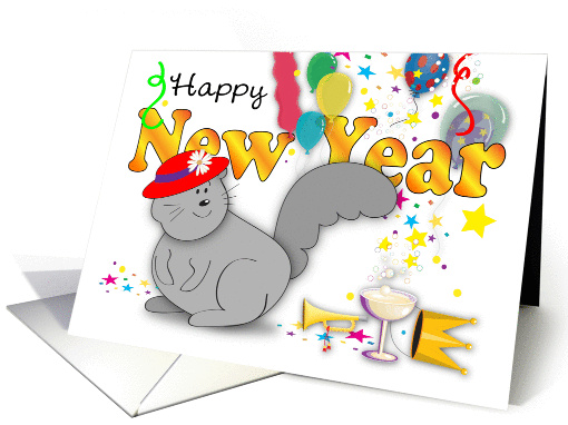 New Year, red hat squirrel, celebration card (1398672)