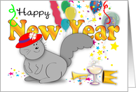 New Year, red hat squirrel, celebration card