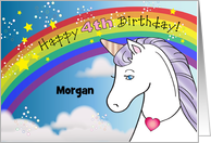 Custom Name 4th Birthday, girl, rainbow, unicorn card