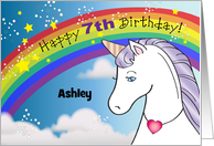 Custom Name 7th Birthday, girl, rainbow, unicorn card