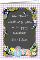 Custom Name Easter, bee theme, eggs card