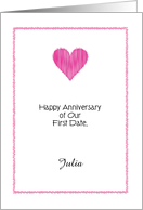 Custom Name Anniversary of First Date, pink heart card