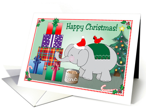 Christmas, elephant theme, presents, tree, holly card (1435778)