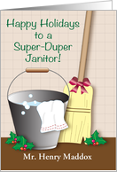 Custom Happy Holidays for Janitor, bucket, broom card