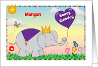 Custom Name Happy Birthday, elephant, heart balloon card