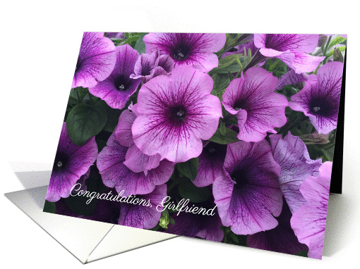 Congrats, to girlfriend, purple petunias card (1452952)