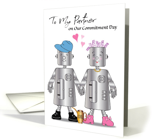 Humorous Commitment Day to Partner, robots, hearts card (1490790)