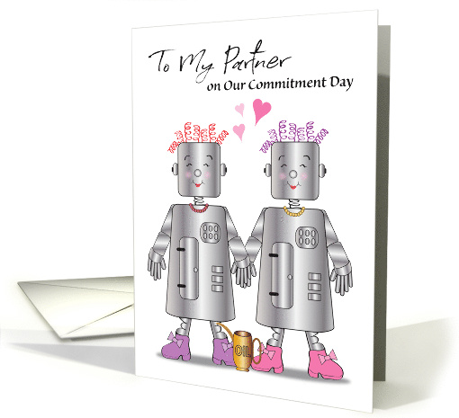 Humorous Commitment Day to Lesbian Partner, robots, hearts card